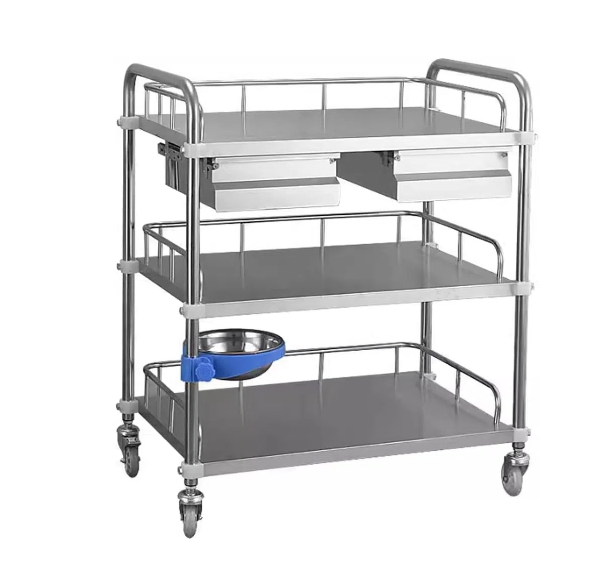 Edelstahl Servierwagen mit Rollen, medizinischer Mehrzweckwagen mit Zwei Etagen, Labor- und Klinikwagen mit Schublade und Schutzgeländer für Wellness-Systeme, Schönheitssalons(66 * 44 * 86cm)
