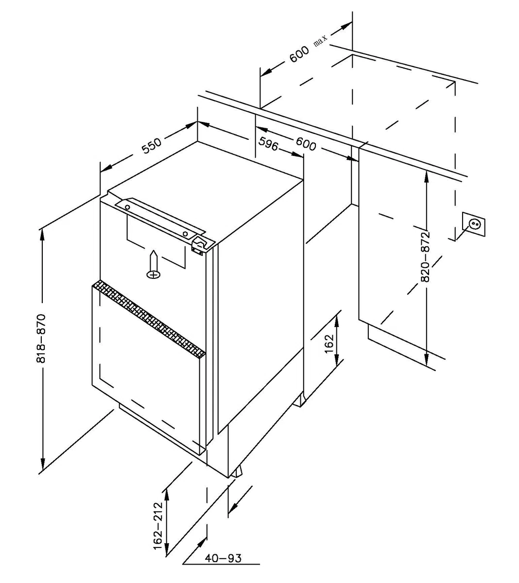 Amica Unterbau Vollraum Kühlschrank für 82 cm Nische Festtür-Technik elektronische Steuerung Inverter Kompressor Tür-Offen-Alarm