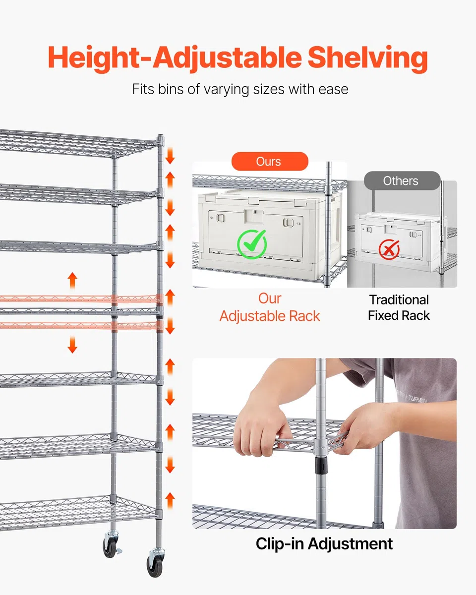 VEVOR Standregal, Lagerregal mit 7 Ebenen & 26 Stapelboxen, Bücherregal, Küchenregal mit Rollen, Fahrregal für Garage, Lager, Büro, Restaurant, Klassenzimmer, Küche, 355x1110x1480 mm
