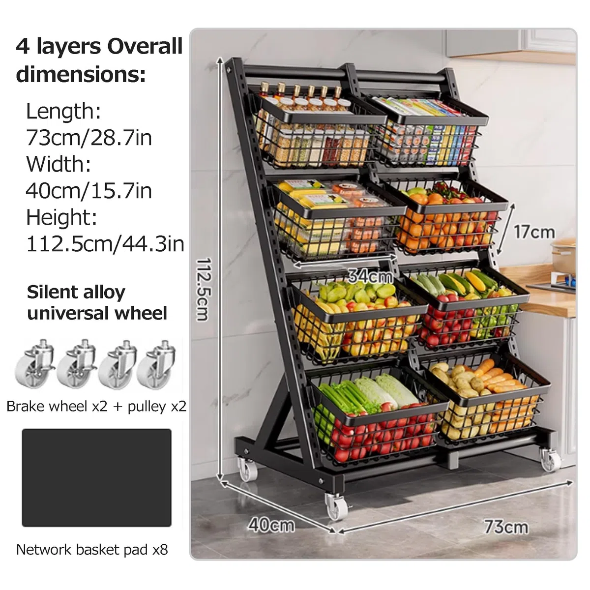 Präsentationsregal für Snacks, Obst- und Gemüseregal auf dem Boden, multifunktionales Aufbewahrungsregal für Haushaltsgemüse, Küchenorganizer mit Aufbewahrungskörben(Nero,73 * 40 * 112.5cm)
