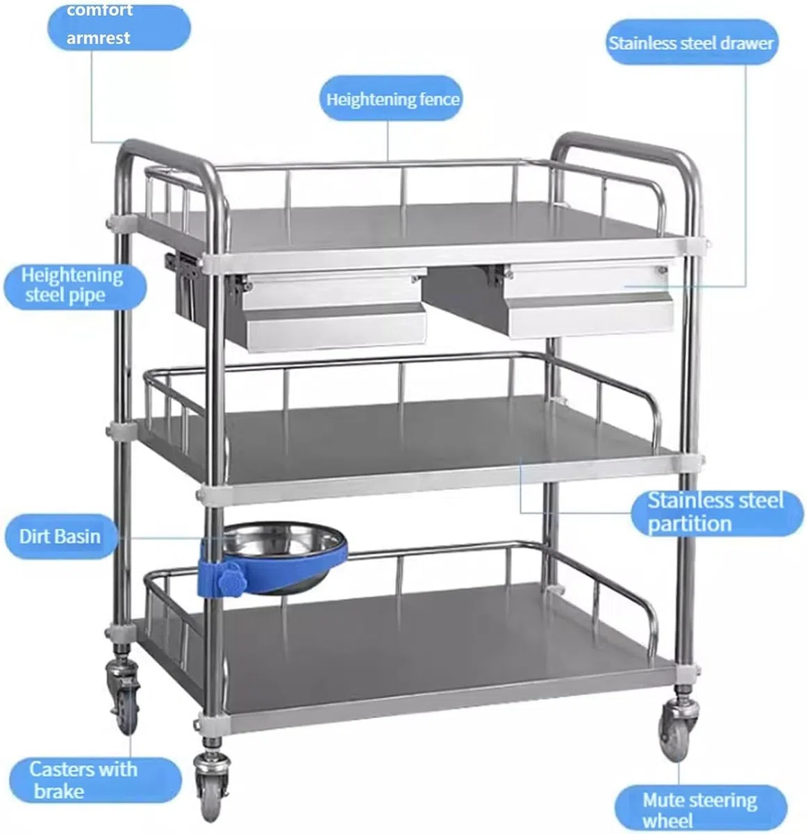 Edelstahl Servierwagen mit Rollen, medizinischer Mehrzweckwagen mit Zwei Etagen, Labor- und Klinikwagen mit Schublade und Schutzgeländer für Wellness-Systeme, Schönheitssalons(66 * 44 * 86cm)