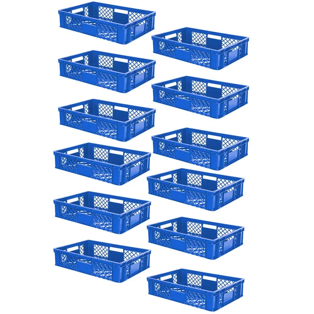 BRB 12x Eurobehälter durchbrochen/Stapelkorb, PE-HD blau, Industriequalität, lebensmittelecht, LxBxH 600x400x150 mm