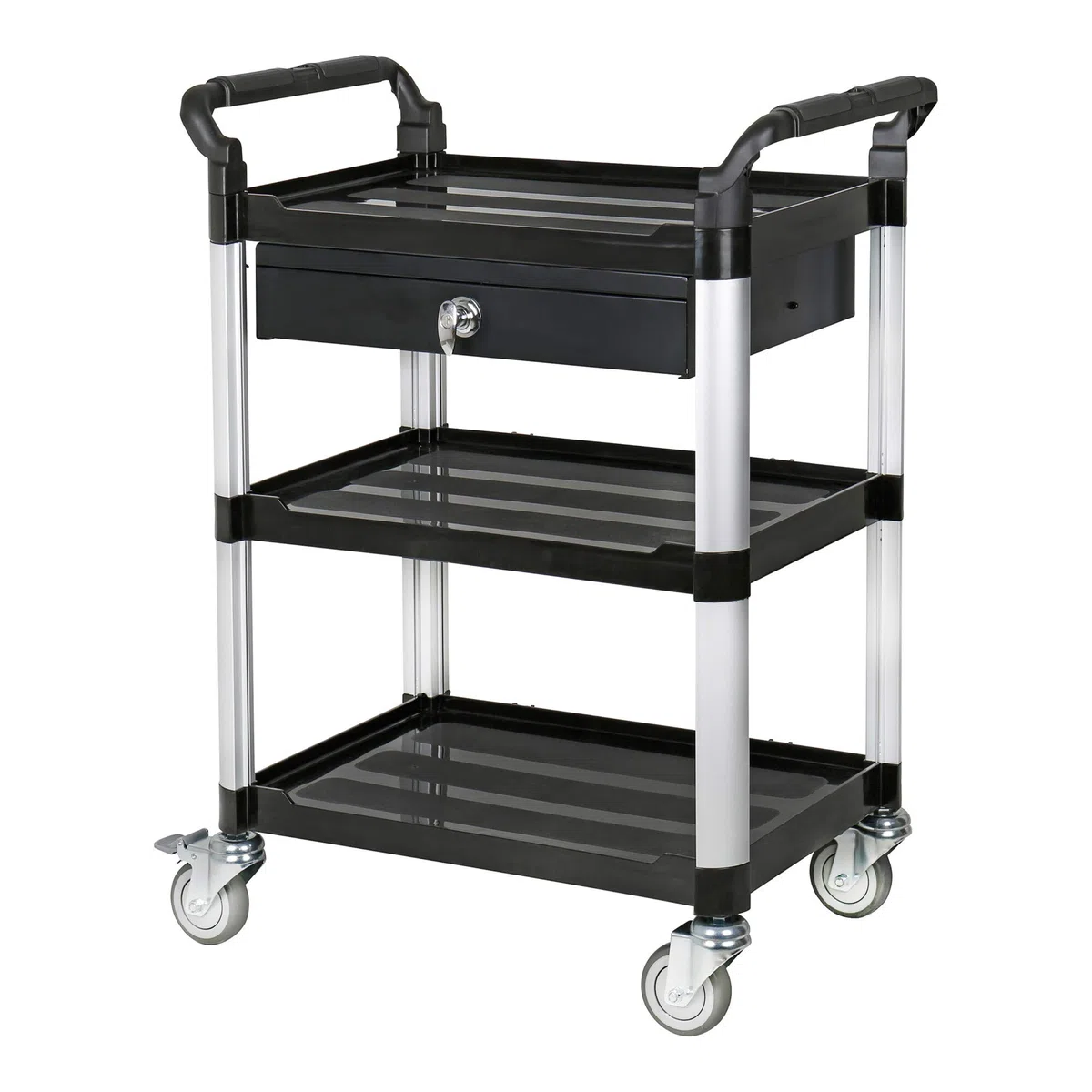 STIER Servierwagen, mit 3 Etagen und Schublade, LxBxH 750x460x925 mm, Tragfähigkeit 150 kg, 4 Lenkrollen, 2 Davon feststellbar, Etagenwagen, Schiebewagen, schwarz