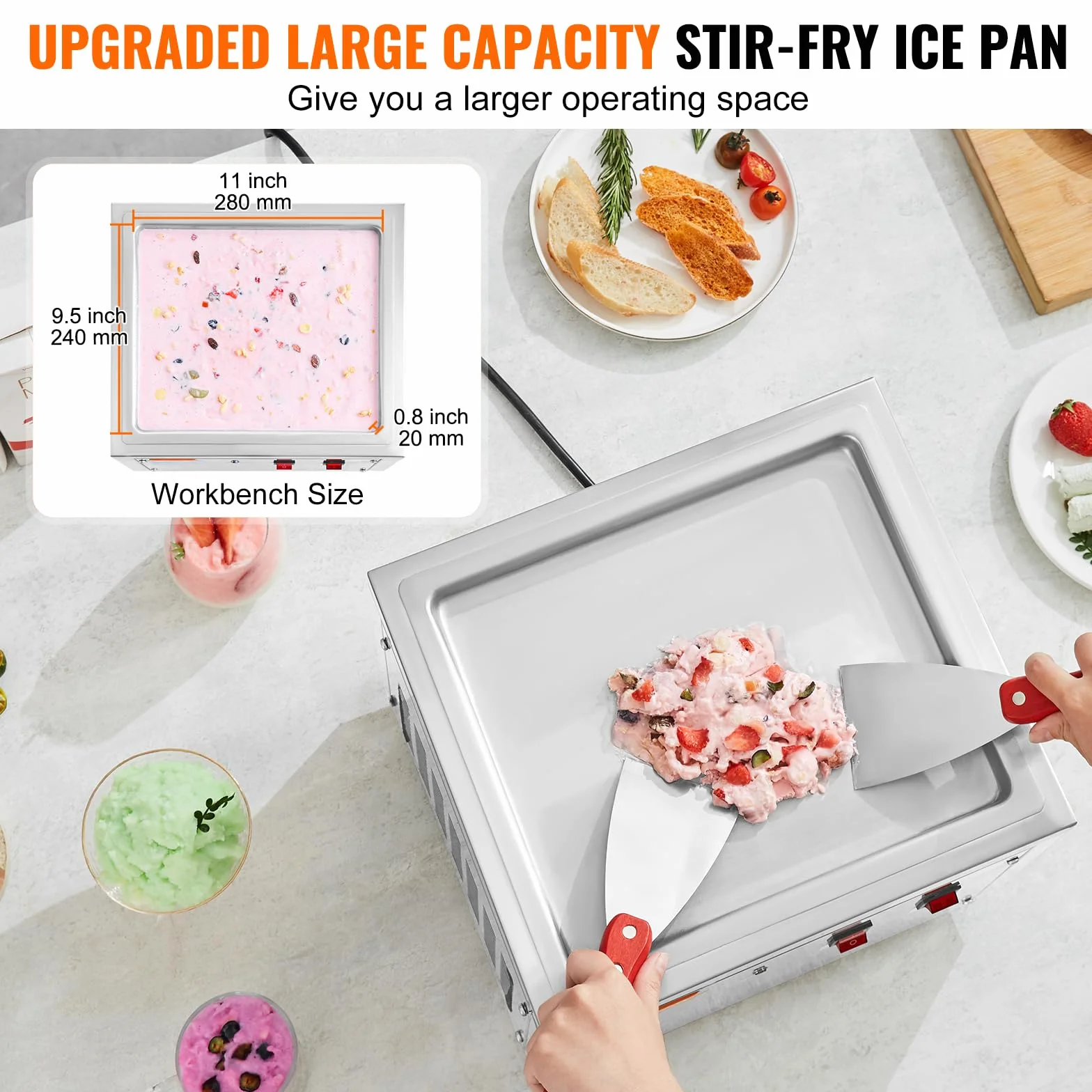 VEVOR Maschine für frittierte Eisrollen, 28 x 24 x 2 cm Pfanne zum Frittieren von Eis, Eismaschine mit Kompressor und 2 Schabern, zur Herstellung von Eis, Gefrorenem Joghurt und Eisrollen