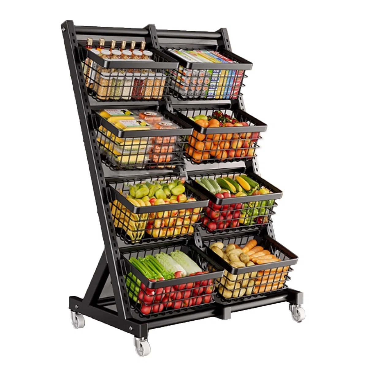 Präsentationsregal für Snacks, Obst- und Gemüseregal auf dem Boden, multifunktionales Aufbewahrungsregal für Haushaltsgemüse, Küchenorganizer mit Aufbewahrungskörben(Nero,73 * 40 * 112.5cm)