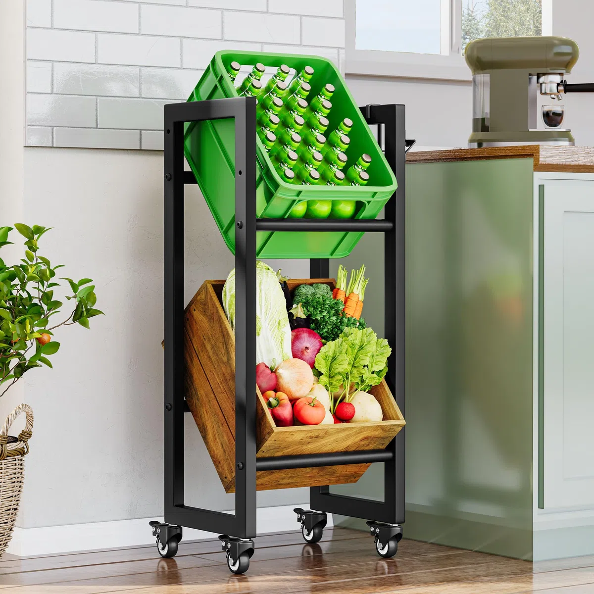 YITAHOME Getränkekistenregal 2 Kisten mit Rollen, verstellbaren füße, Öffner, Metall Kistenregal mit 2 Ebenen für Bier, Obst, Gemüse, Wasser, getränkeregal kisten Regal, Tragfähigkeit 240KG