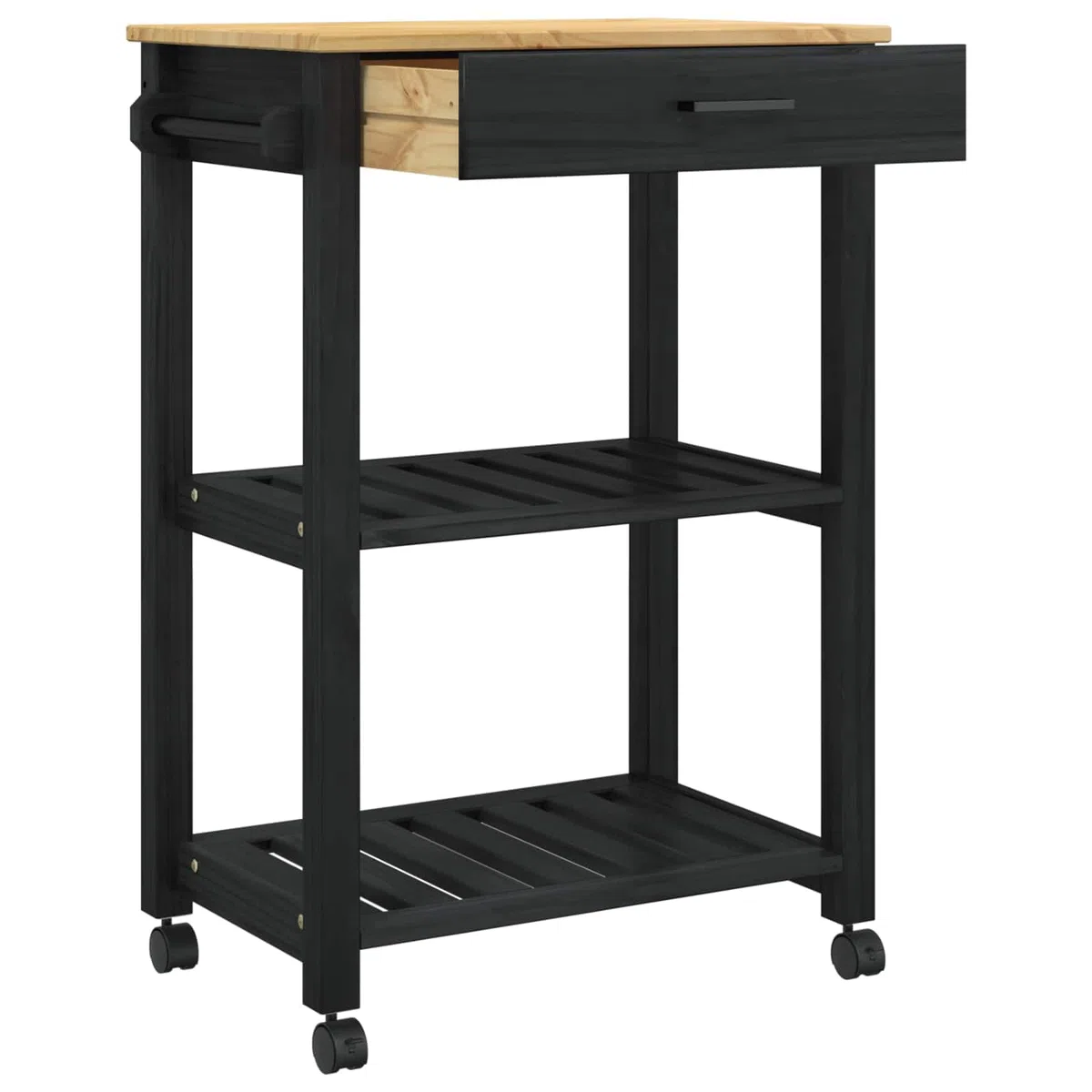 Mangloder Küchentrolley Monza Schwarz Massivholz Kiefer, 60 x 40 x 88,5 cm, mit Regal und Schublade, rollwagen servierwagen, 4 360 Grad Rollen, teewagen für Küchenorganisation