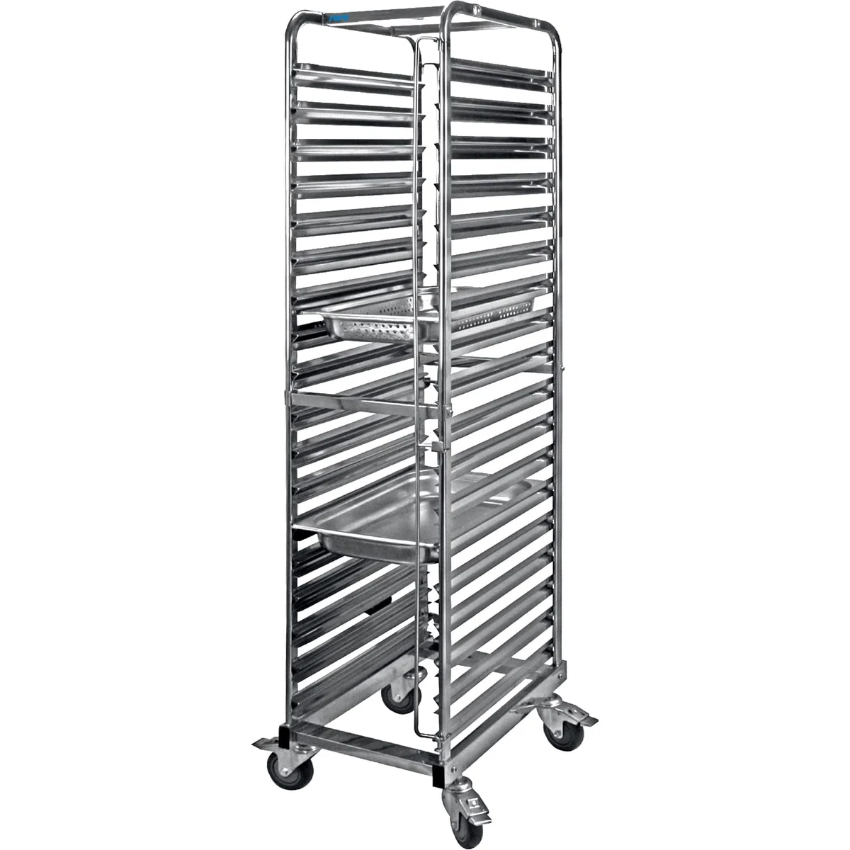 SARO Regalwagen für 1/1 GN – Für 18 GN-Behälter – Etagenabstand 75 mm – Tragkraft 150 kg – Rollen mit Bremse – Chromnickelstahl – Modell LIAM