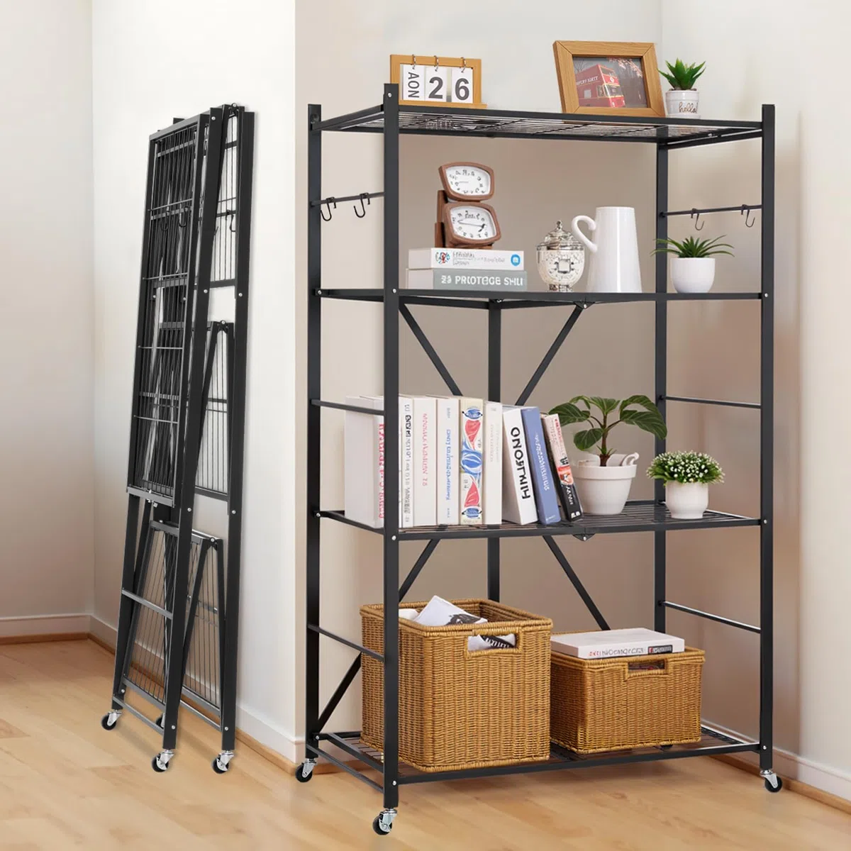 VEVOR 4 Etagen, Klappbare Regale mit Rädern, 53x91x152 cm, Faltbares Schwerlastregal, montagefreies Standregal, Haushaltsregal, Küchenregal, Metallregal für Garage, Küche, Keller, schwarz