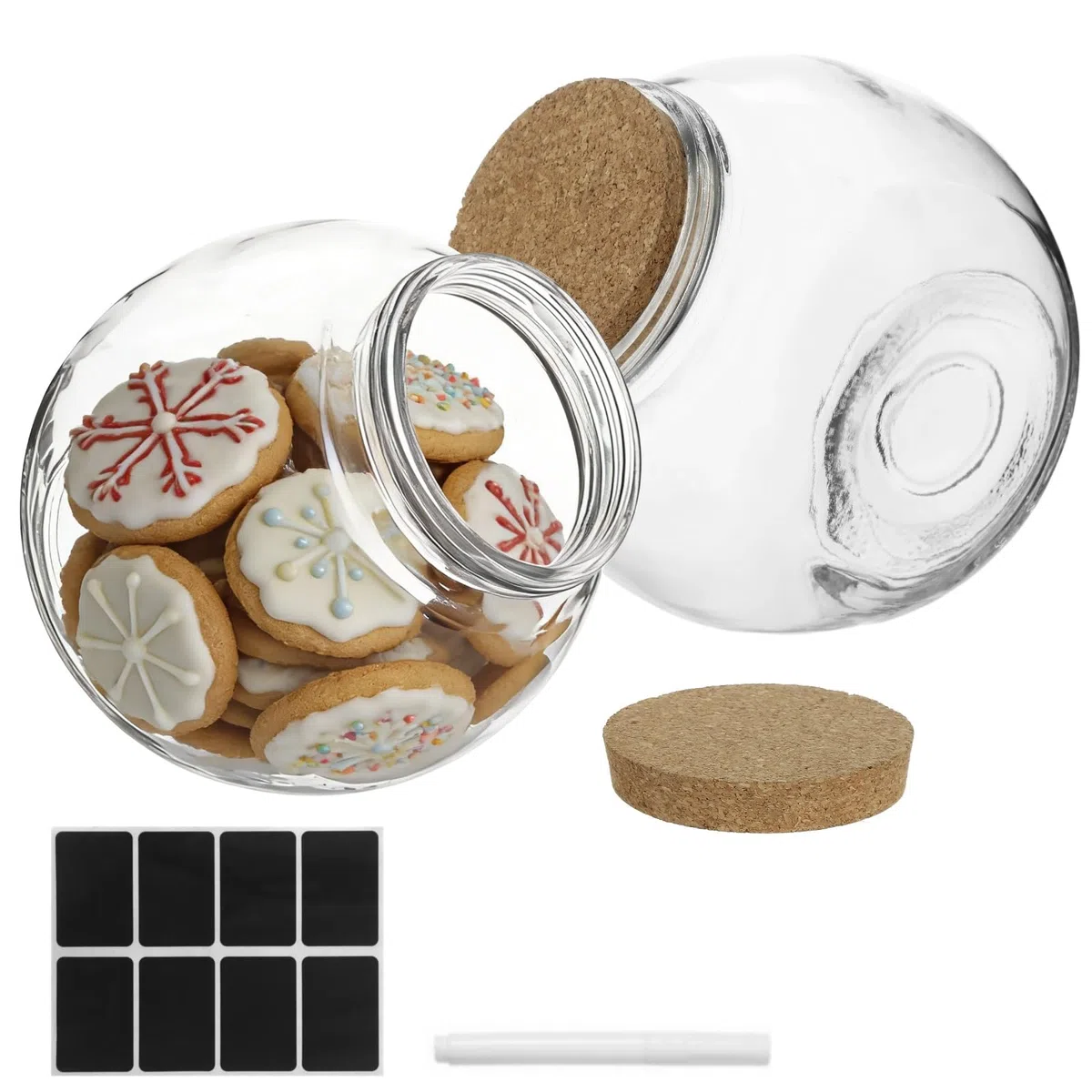 2 Stk. Glas-Keksdosen, 71 oz Vorratsdosen mit weiter Öffnung und vakuumdicht schließenden Korkdeckeln, Bonbongläser für Küche und Speisekammer, inkl. Marker und Etiketten, für Kaffee, Tee, Mehl,