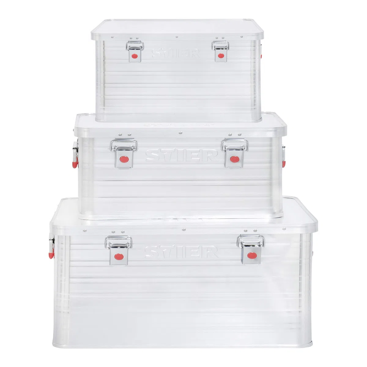 STIER Alubox Set, Aluminiumbox 50L 85L und 135L, stapelbare Transportkisten, Staub- und spritzwasserresistent mit Gummidichtung und Klapphandgriffen, für Transport und Lagerung