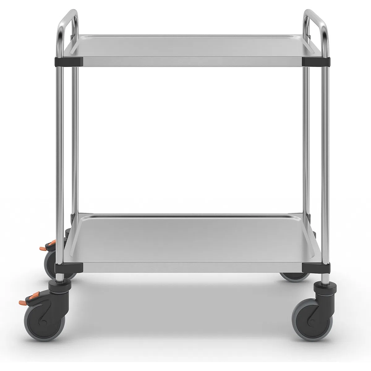 Servierwagen aus Edelstahl, mit 2 Etagen, LxBxH 870 x 570 x 950 mm, montiert.