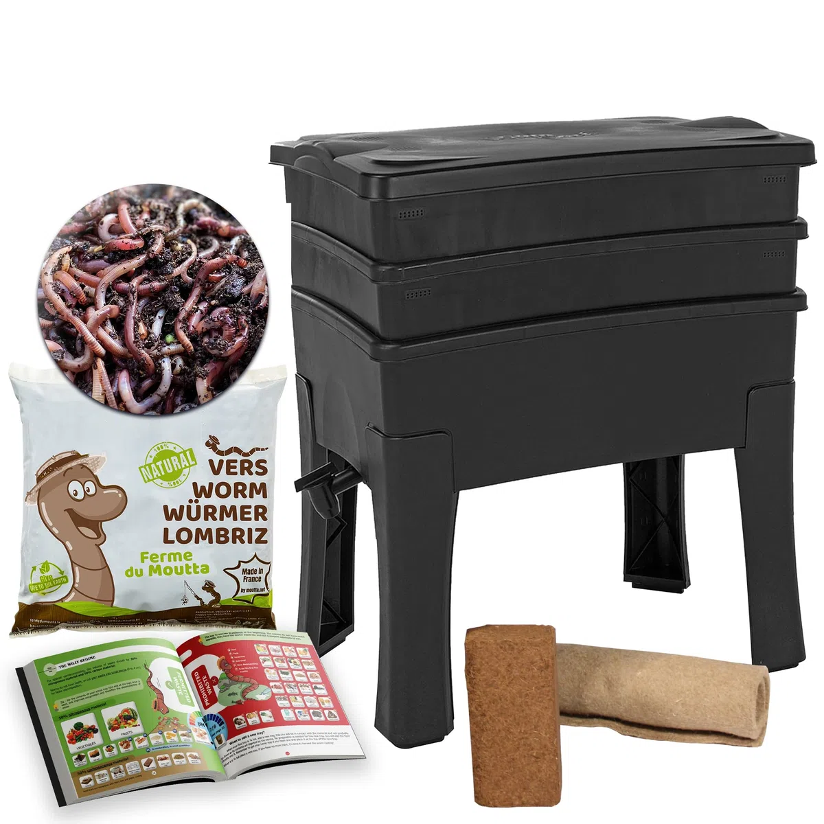 WormBox I Worm Café, Wurmkomposter 2 Tabletts I Komplett-Set I Große Kapazität 64 Liter (250g Kompostwürmer / 500 STK.)