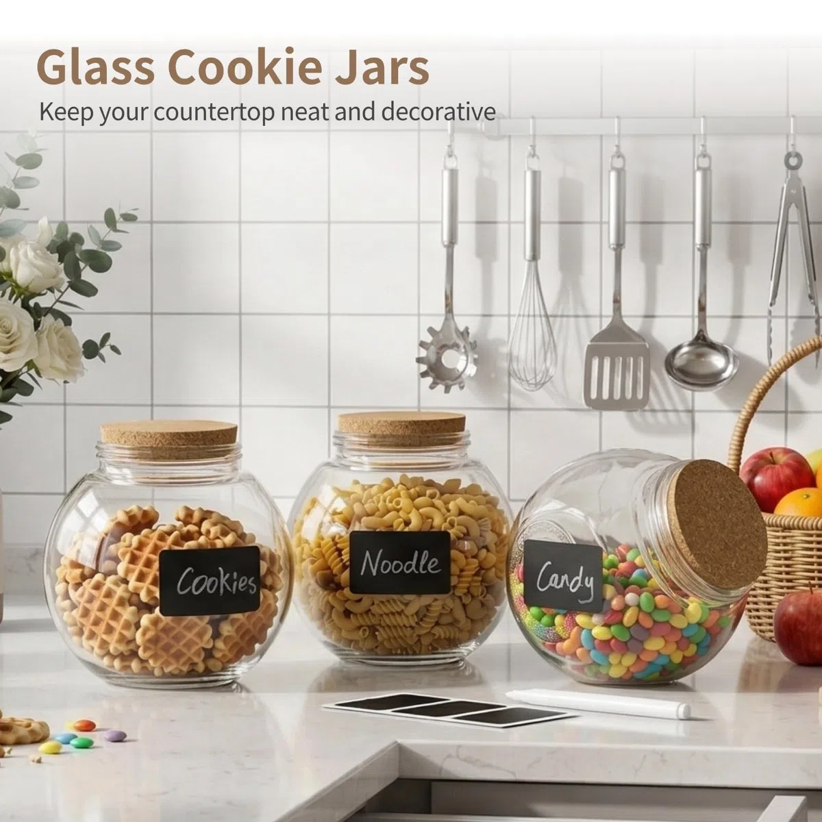 2 Stk. Glas-Keksdosen, 71 oz Vorratsdosen mit weiter Öffnung und vakuumdicht schließenden Korkdeckeln, Bonbongläser für Küche und Speisekammer, inkl. Marker und Etiketten, für Kaffee, Tee, Mehl,