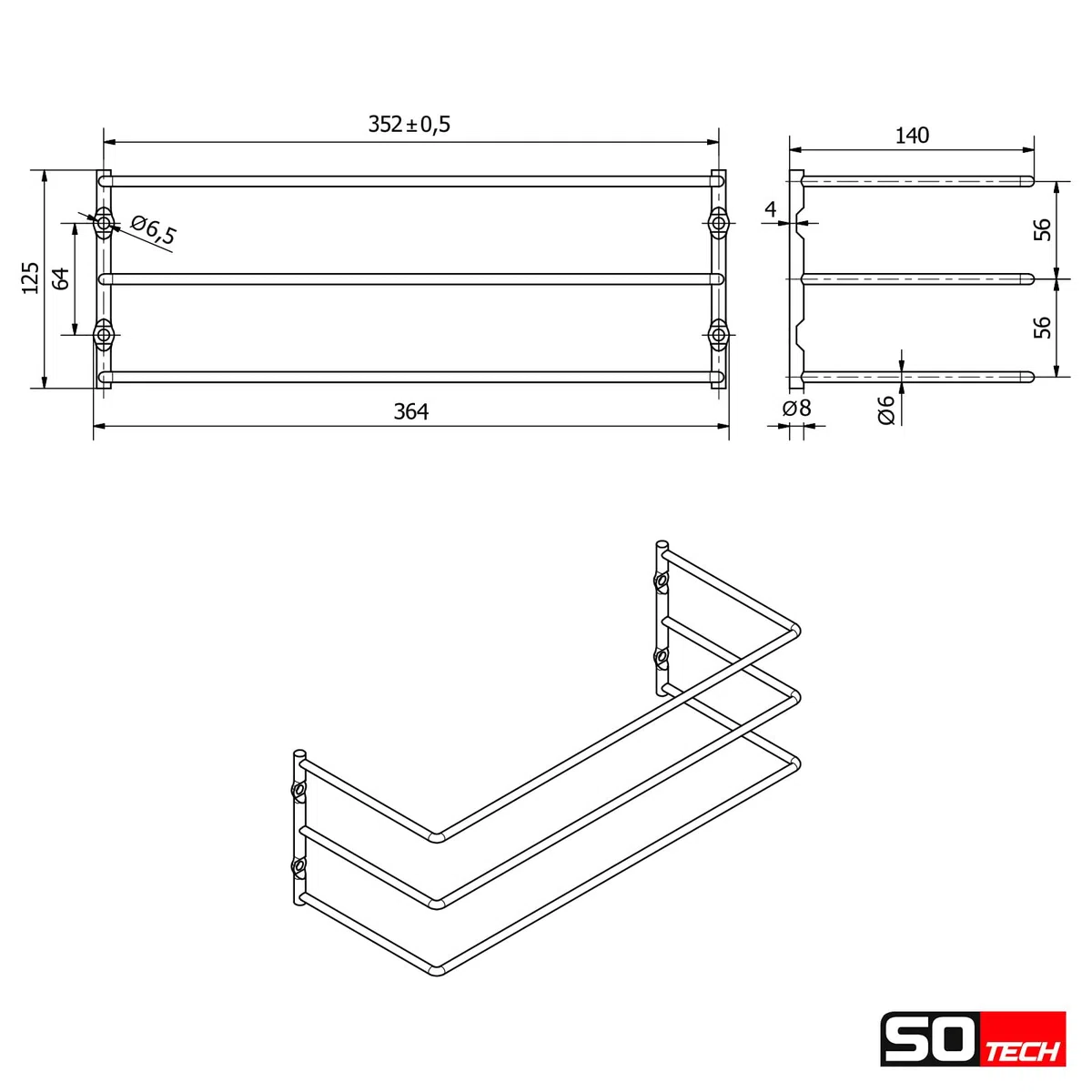 SOTECH Backblechhalter für 3 Backbleche (364 x 140 x 125 mm, chrom poliert, für 600 mm Korpusbreite) Gitterrost-Halterung - Ordnung leicht gemacht