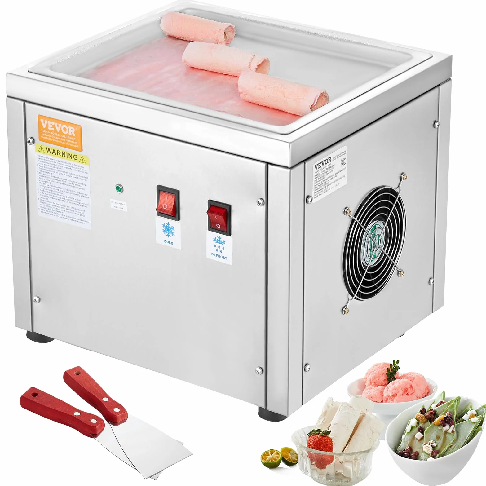 VEVOR Maschine für frittierte Eisrollen, 28 x 24 x 2 cm Pfanne zum Frittieren von Eis, Eismaschine mit Kompressor und 2 Schabern, zur Herstellung von Eis, Gefrorenem Joghurt und Eisrollen
