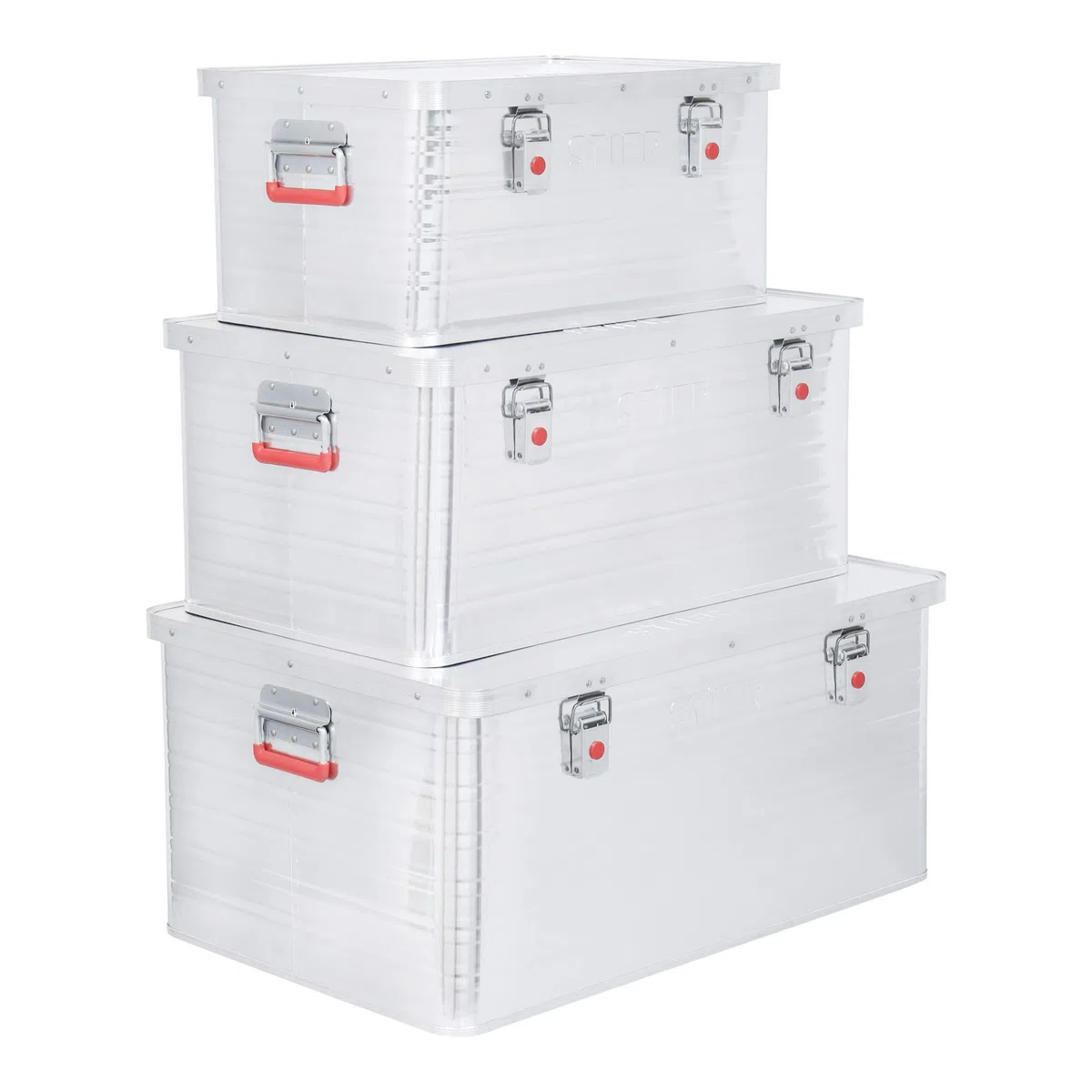 STIER Alubox Set, Aluminiumbox 50L 85L und 135L, stapelbare Transportkisten, Staub- und spritzwasserresistent mit Gummidichtung und Klapphandgriffen, für Transport und Lagerung