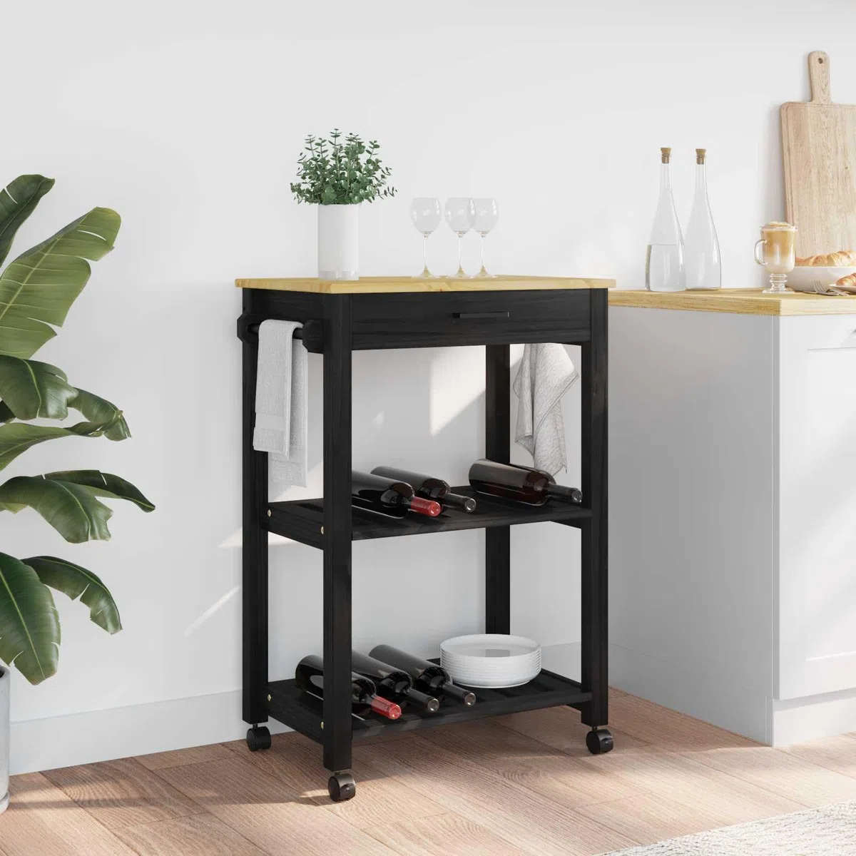 Mangloder Küchentrolley Monza Schwarz Massivholz Kiefer, 60 x 40 x 88,5 cm, mit Regal und Schublade, rollwagen servierwagen, 4 360 Grad Rollen, teewagen für Küchenorganisation