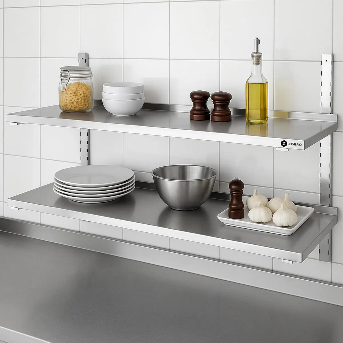 ZORRO Wandbord ZWB 100/40 | Edelstahl Wandregal | 1000x400x350 mm | 2 Böden | Gastro Wandmontage