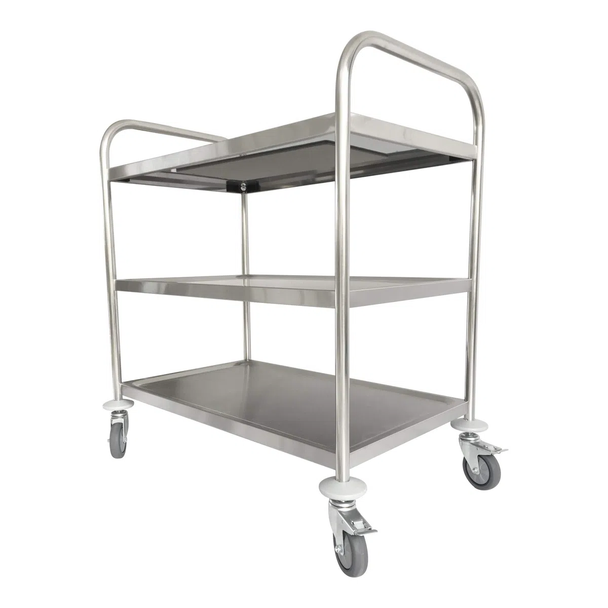 STIER Edelstahl-Servierwagen, 4 Lenkrollen, 810x460x900 mm, Tragfähigkeit bis 150 kg, Edelstahl, 3 Böden, Küchenwagen, Servicewagen besonders robust und hochwertig