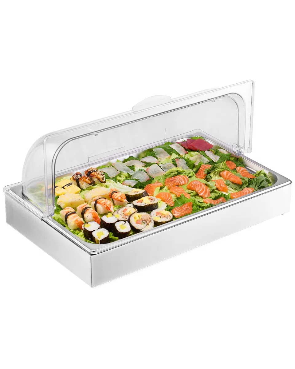 VEVOR Servierbehälter Buffet-Behälter Gastronormbehälter aus Edelstahl (1 Behälter), Präsentationsständer mit transparentem Deckel & 3 Eiswürfelschalen für Restaurant Hotel Küche