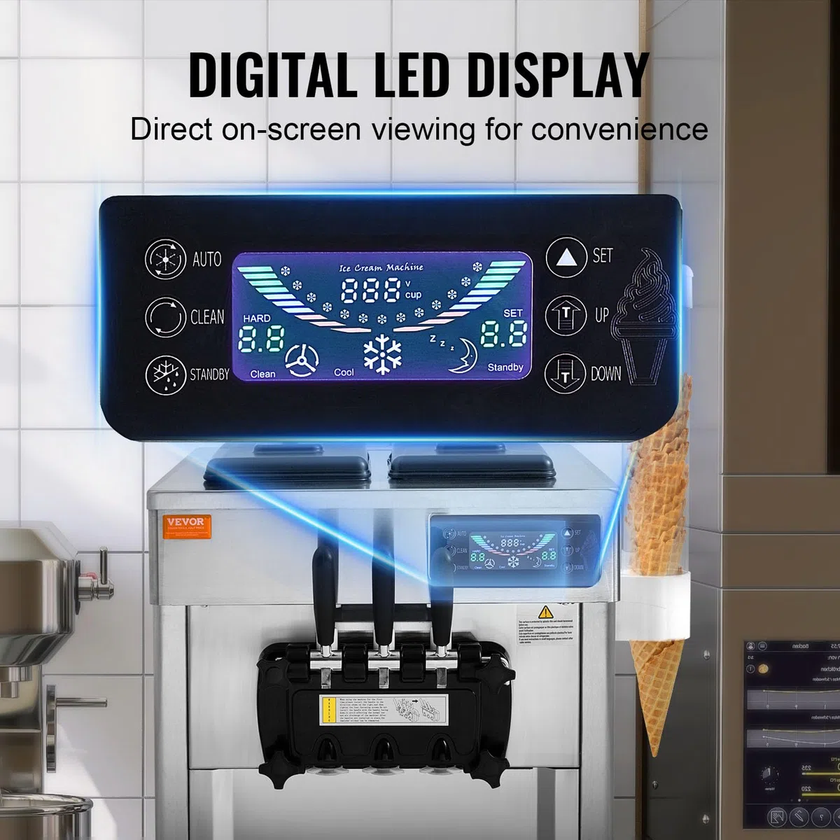 VEVOR Kommerzielle Eismaschine 18–28 L/h, 3 Geschmacksrichtungen, Italienische Eismaschine, 2 x 5,5 L Trichter, LCD-Panel, Automatische Vorkühlung, Reinigung, für Joghurt, Kaffee, Snackbar, Restaurant