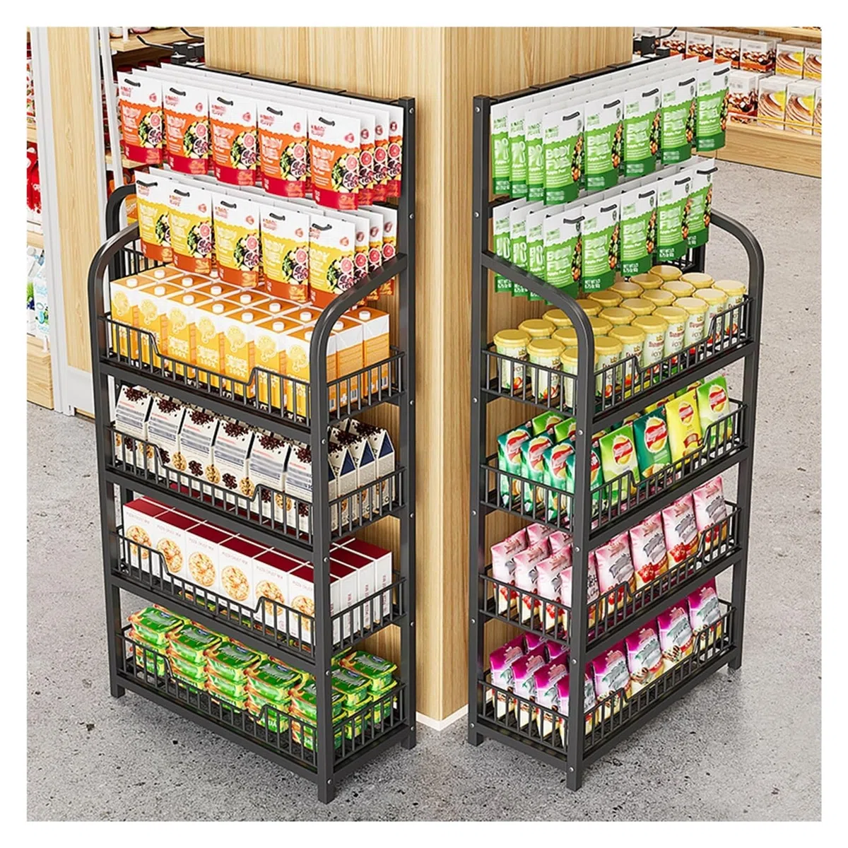 2er-Pack Supermarkt-Snack-Displayregal, Robustes 4-stöckiges Kartoffelchips-Orga, Büro, Kiosk, freistehender Süßwaren-Lebensmittelhalter für den gewerblichen Einzelhandel (L 60 cm/23,6 Zoll)