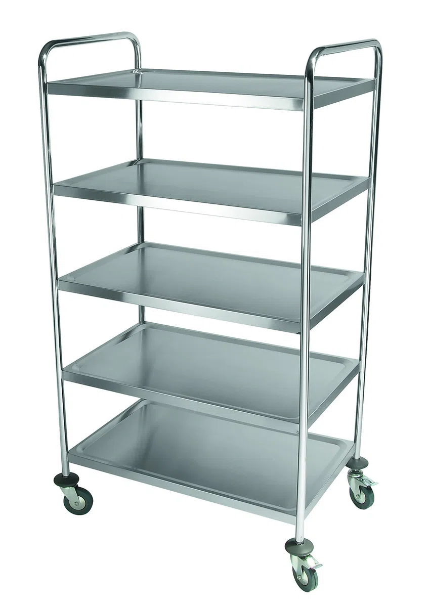 Servierwagen aus Edelstahl - 4 schwenkbare Rollen mit Rammschutz, davon 2 mit Feststeller, Tragfähigkeit: Ca. 75 kg pro Bord, Artikel muss montiert werden / 5 Borde - Abmessung: 85 x 54 x 154 cm, Abmessung Bord: 83 x 51 cm, Abstand: 26 cm