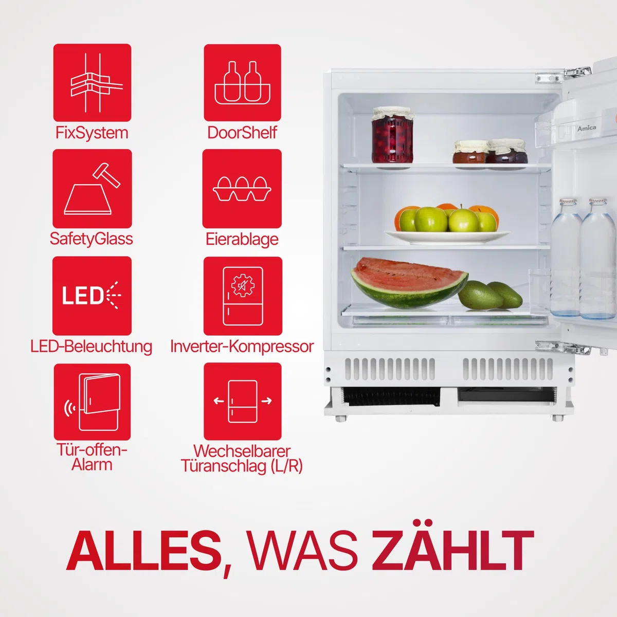 Amica Unterbau Vollraum Kühlschrank für 82 cm Nische Festtür-Technik elektronische Steuerung Inverter Kompressor Tür-Offen-Alarm