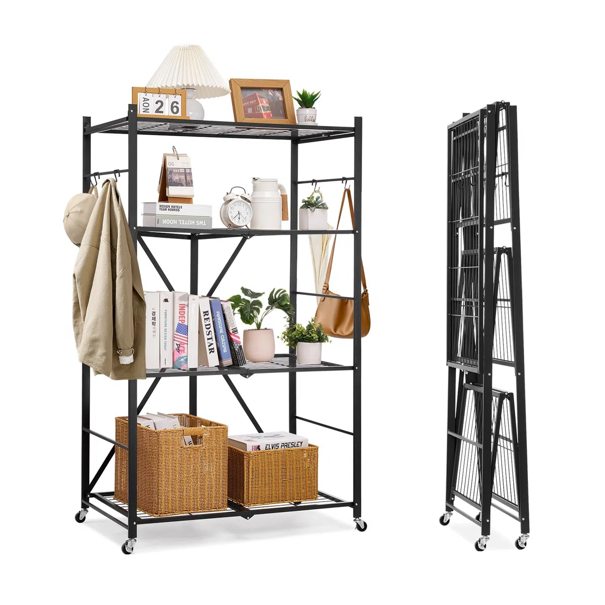 VEVOR 4 Etagen, Klappbare Regale mit Rädern, 53x91x152 cm, Faltbares Schwerlastregal, montagefreies Standregal, Haushaltsregal, Küchenregal, Metallregal für Garage, Küche, Keller, schwarz