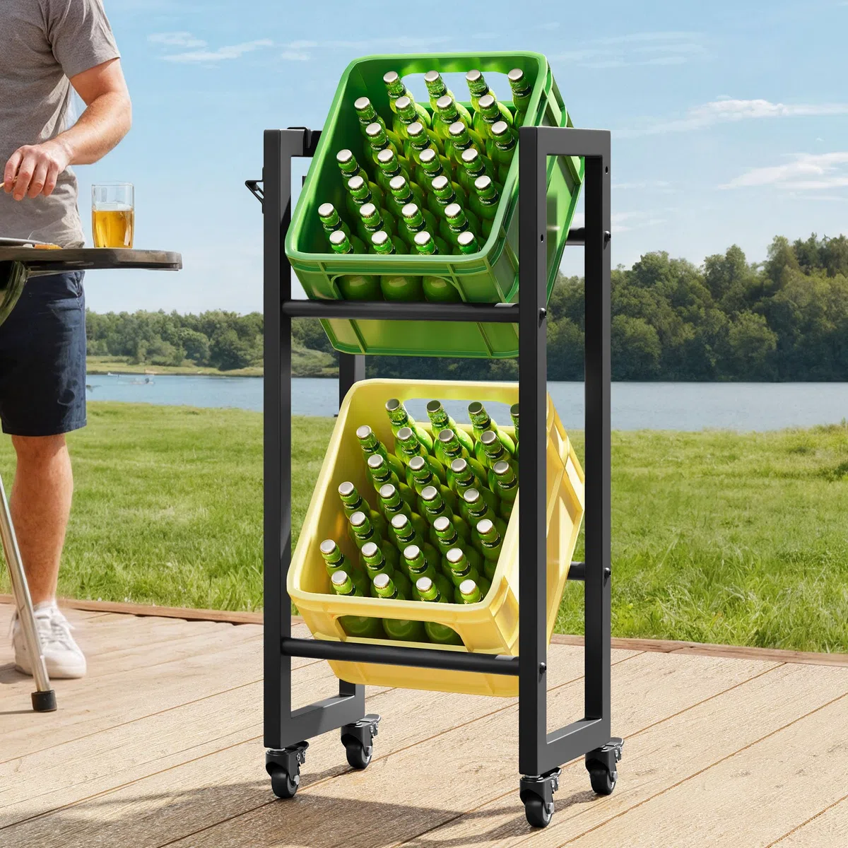 YITAHOME Getränkekistenregal 2 Kisten mit Rollen, verstellbaren füße, Öffner, Metall Kistenregal mit 2 Ebenen für Bier, Obst, Gemüse, Wasser, getränkeregal kisten Regal, Tragfähigkeit 240KG
