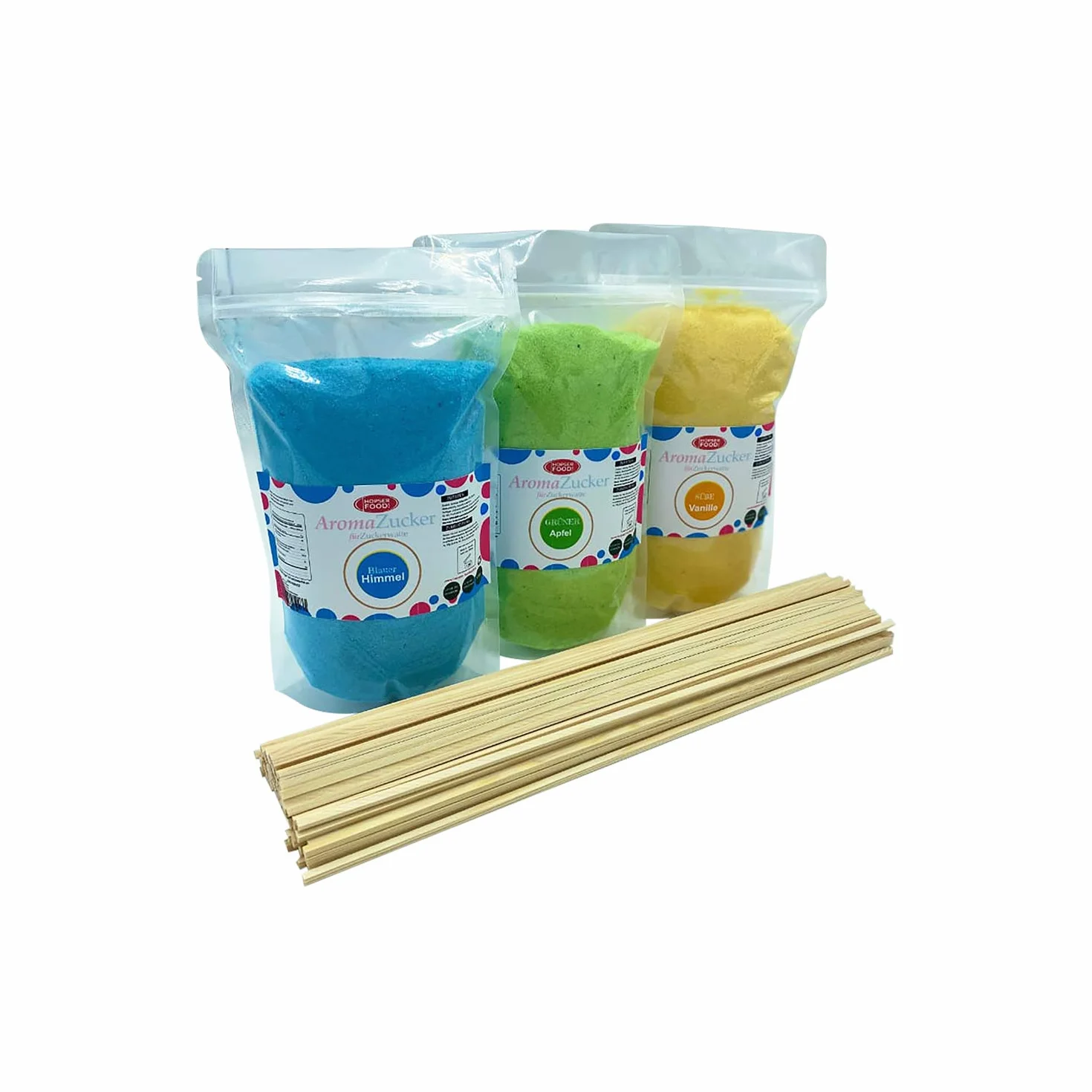 Eventset XL 3 Kg Zuckerwattezucker inklusive 200 Zuckerwattestäbe 40 cm (Set 1 Kaugummi, Vanille, Apfel + 200 Stäbe)