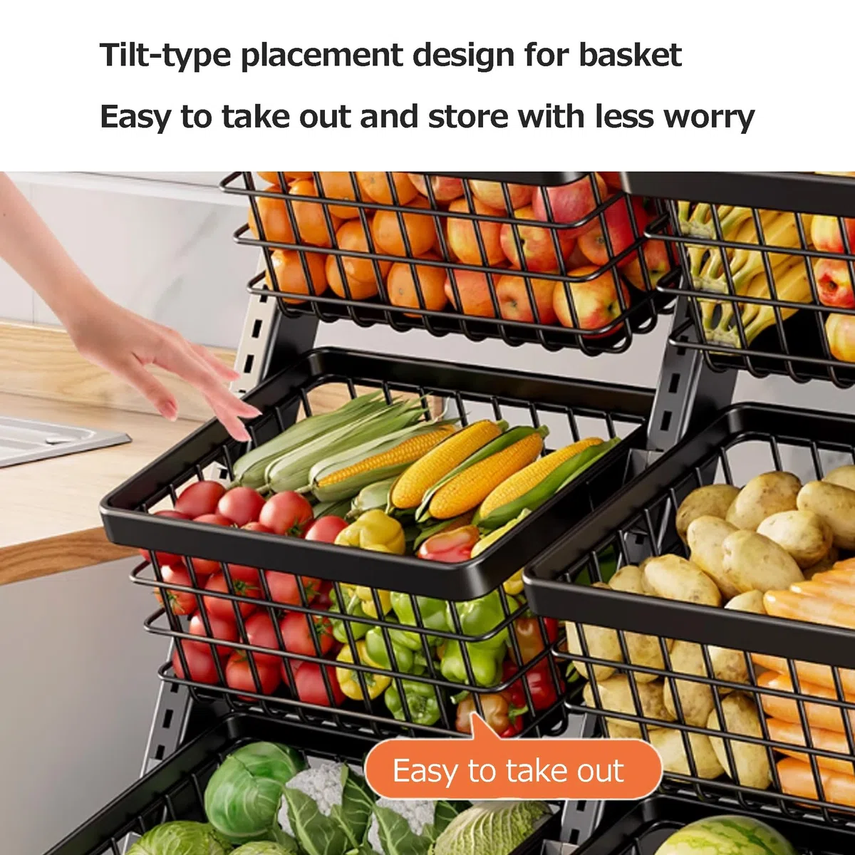 Präsentationsregal für Snacks, Obst- und Gemüseregal auf dem Boden, multifunktionales Aufbewahrungsregal für Haushaltsgemüse, Küchenorganizer mit Aufbewahrungskörben(Nero,73 * 40 * 112.5cm)