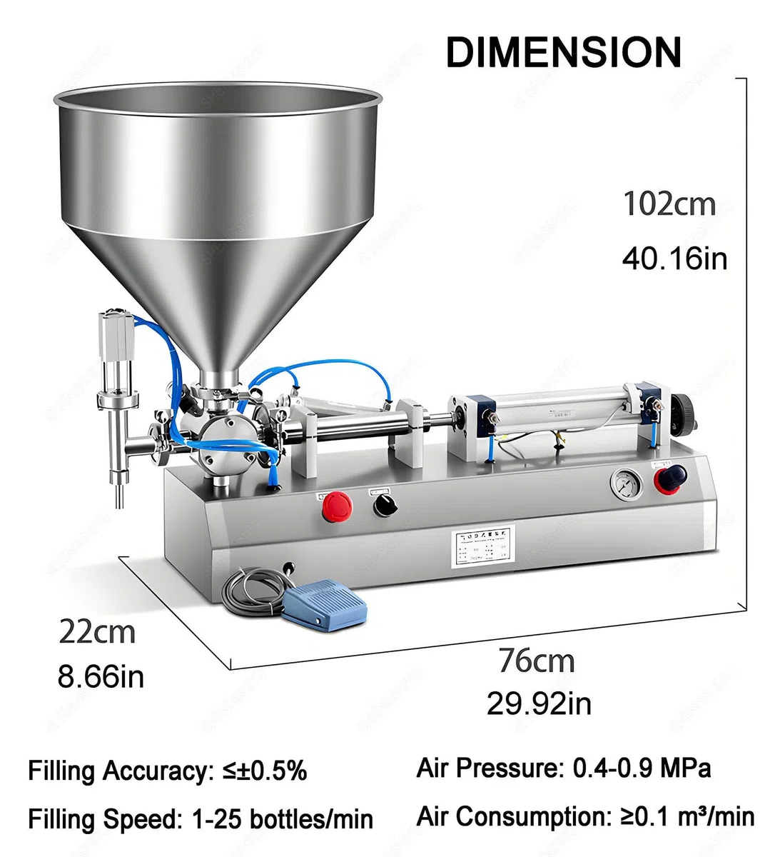 Pneumatische Füllmaschine, 40-Liter-Trichter, automatisches/manuelles Befüllen, Füllfehler ≤ 1%, 5-40 ml, für verschiedene Viskositäten