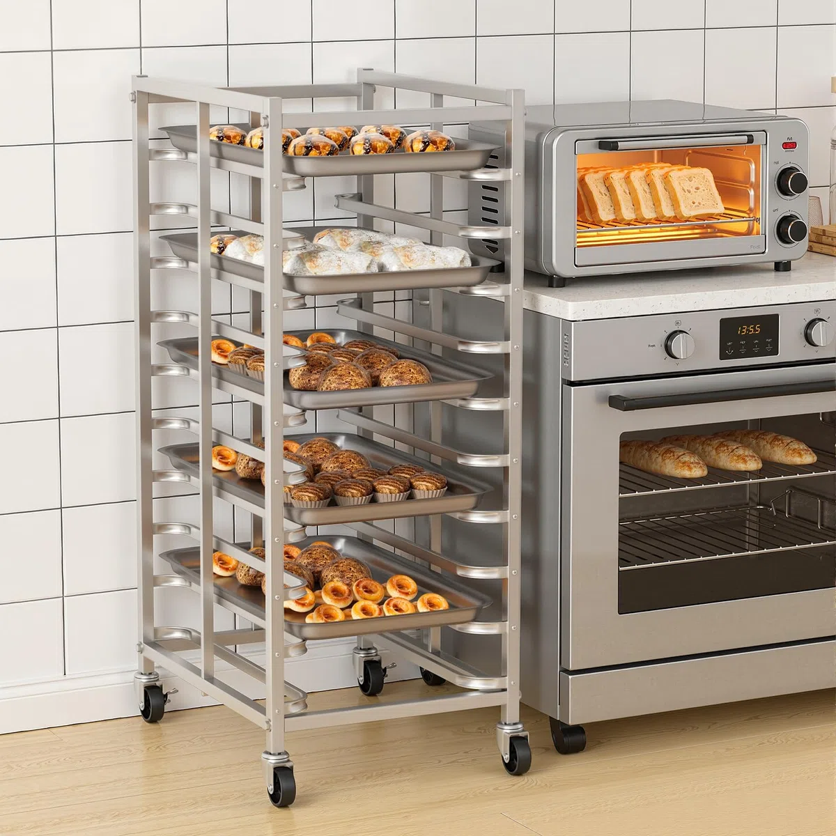 10-stufiger kommerzieller Brötchenpfannenständer auf Rädern, robuster Aufbewahrungswagen für Backbleche aus Edelstahl mit feststellbaren Rollen, Organizer Küchenbrot und Backzubehör gr