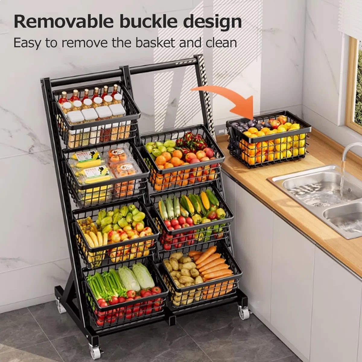 Präsentationsregal für Snacks, Obst- und Gemüseregal auf dem Boden, multifunktionales Aufbewahrungsregal für Haushaltsgemüse, Küchenorganizer mit Aufbewahrungskörben(Nero,73 * 40 * 112.5cm)