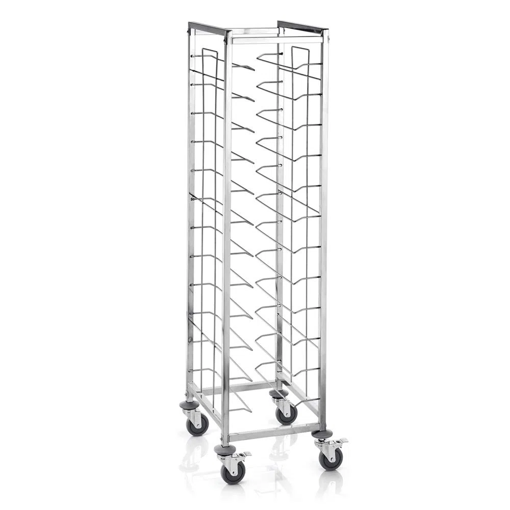 WAS 1945 455 Chromnickelstahl Tablettwagen für 12 Tabletts 45.5cm x 35.5cm, 4 Schwenkbare Rollen, 53cm Länge, 42cm Breite, 180cm Höhe