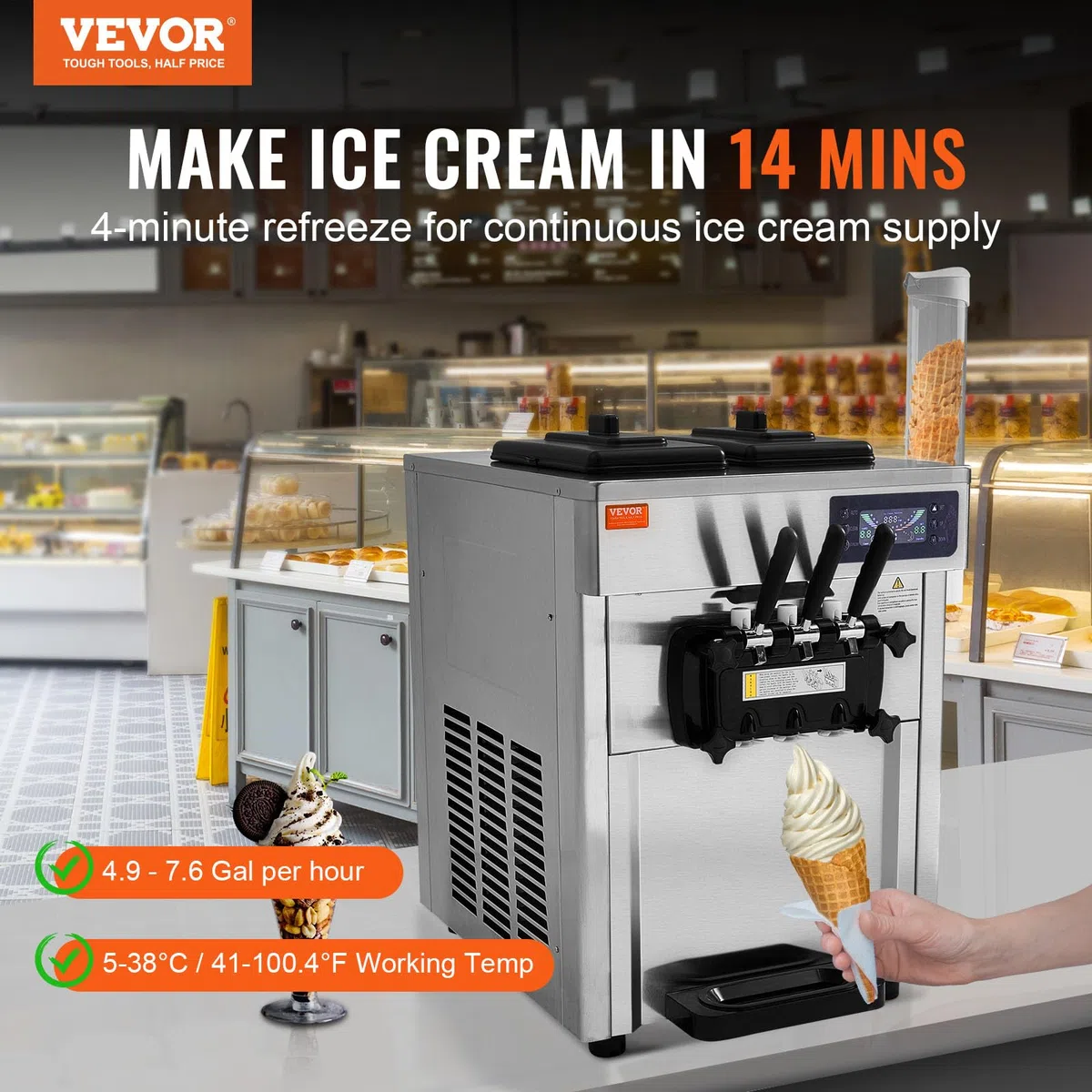 VEVOR Kommerzielle Eismaschine 18–28 L/h, 3 Geschmacksrichtungen, Italienische Eismaschine, 2 x 5,5 L Trichter, LCD-Panel, Automatische Vorkühlung, Reinigung, für Joghurt, Kaffee, Snackbar, Restaurant