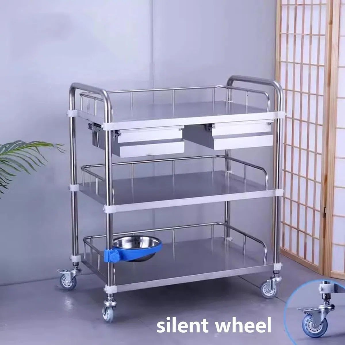 Edelstahl Servierwagen mit Rollen, medizinischer Mehrzweckwagen mit Zwei Etagen, Labor- und Klinikwagen mit Schublade und Schutzgeländer für Wellness-Systeme, Schönheitssalons(66 * 44 * 86cm)