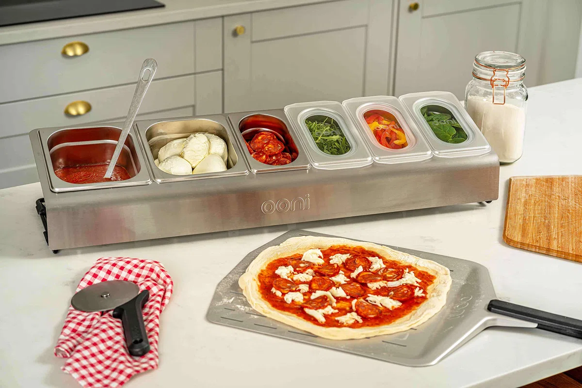 Ooni Pizza Zutatenbehälter Edelstahl Beilagenbehälter für Gastro & Küche 2 x 1,6L und 4 x 0,8L Zutatenbehälter-Pizza mit passgenauen Deckeln als Pizza Catering Zubehör