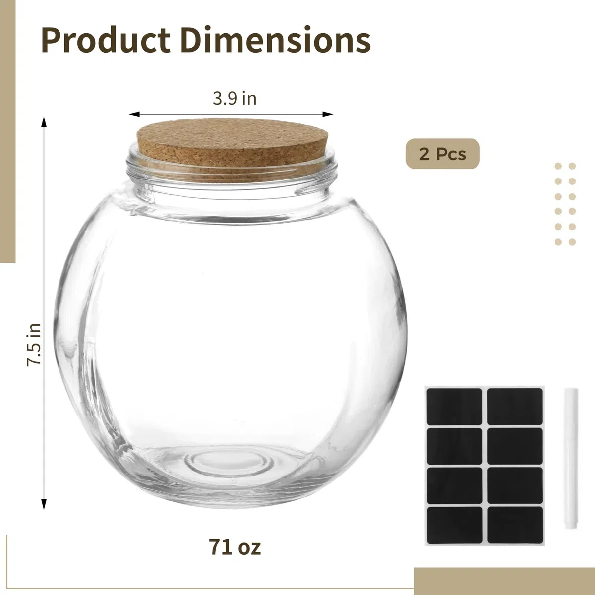 2 Stk. Glas-Keksdosen, 71 oz Vorratsdosen mit weiter Öffnung und vakuumdicht schließenden Korkdeckeln, Bonbongläser für Küche und Speisekammer, inkl. Marker und Etiketten, für Kaffee, Tee, Mehl,