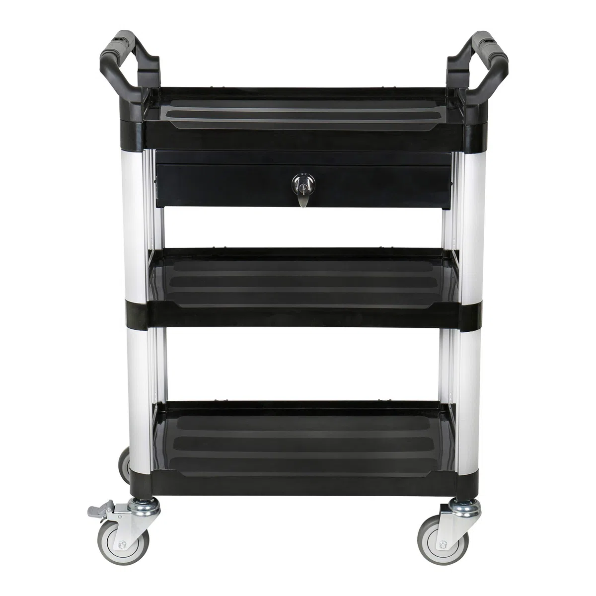 STIER Servierwagen, mit 3 Etagen und Schublade, LxBxH 750x460x925 mm, Tragfähigkeit 150 kg, 4 Lenkrollen, 2 Davon feststellbar, Etagenwagen, Schiebewagen, schwarz