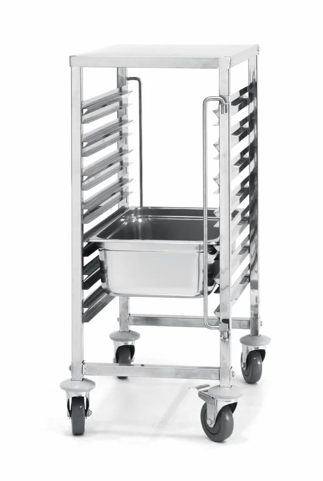 HENDI Abräumwagen, für GN 1/1 Tabletts/Behälter, mit Arbeitsfläche, mit 4 Rollen, 2 davon mit Bremse, 380x55x(H)925mm, Edelstahl
