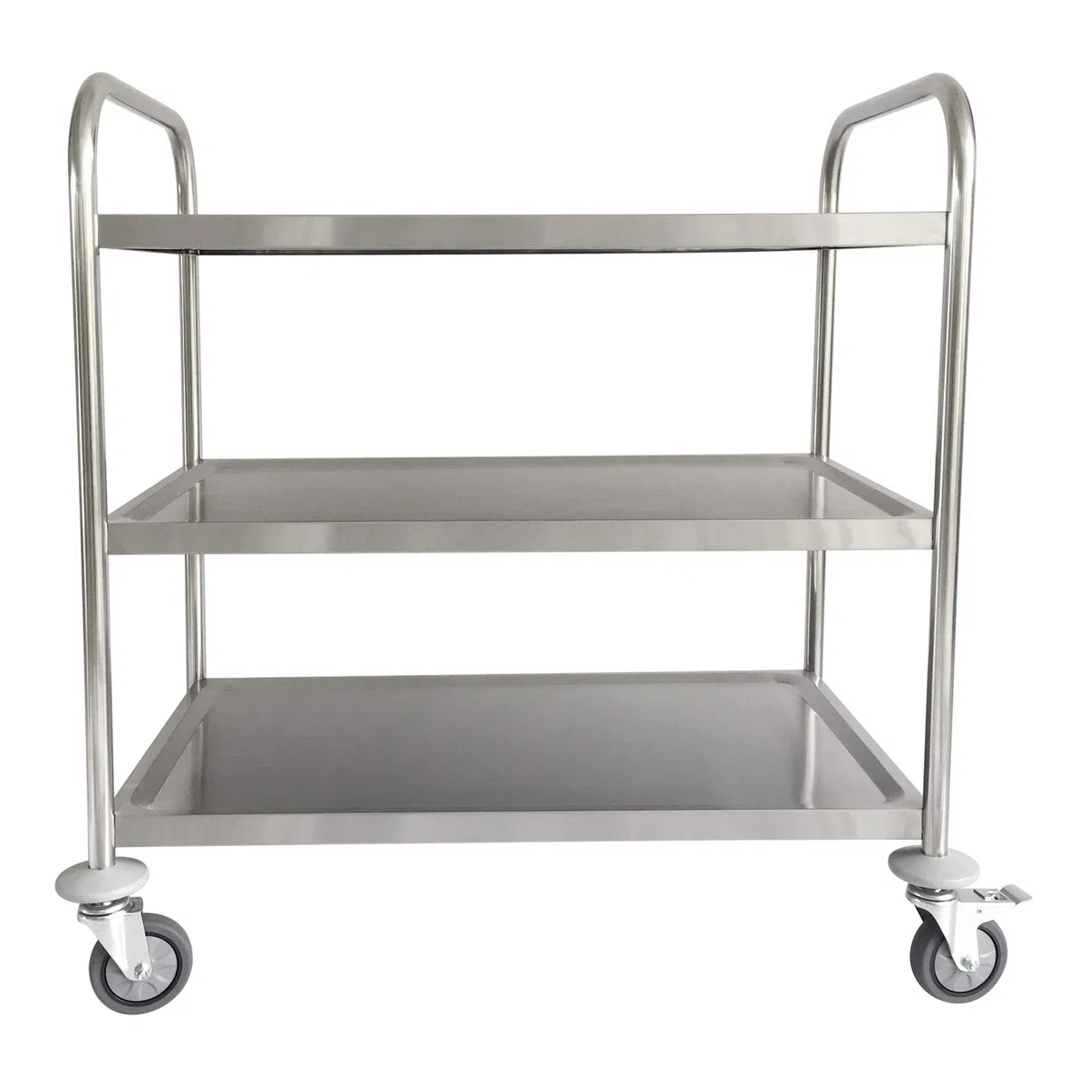 STIER Edelstahl-Servierwagen, 4 Lenkrollen, 810x460x900 mm, Tragfähigkeit bis 150 kg, Edelstahl, 3 Böden, Küchenwagen, Servicewagen besonders robust und hochwertig