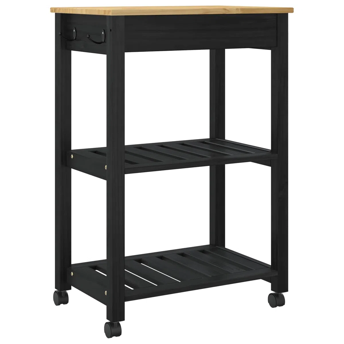 Mangloder Küchentrolley Monza Schwarz Massivholz Kiefer, 60 x 40 x 88,5 cm, mit Regal und Schublade, rollwagen servierwagen, 4 360 Grad Rollen, teewagen für Küchenorganisation