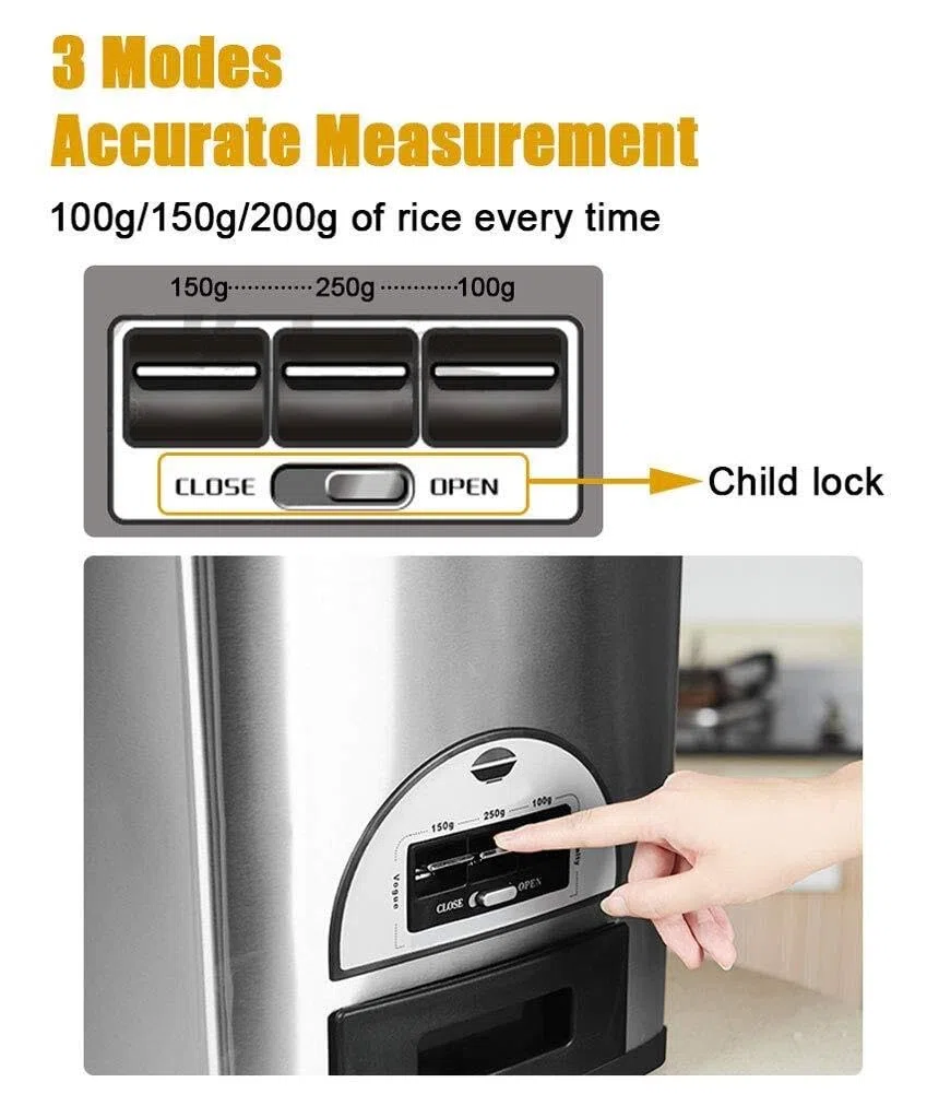Reisspender aus Edelstahl, 10 kg, feuchtigkeitsbeständig, für Bohnen und Getreide, automatische Dosierung