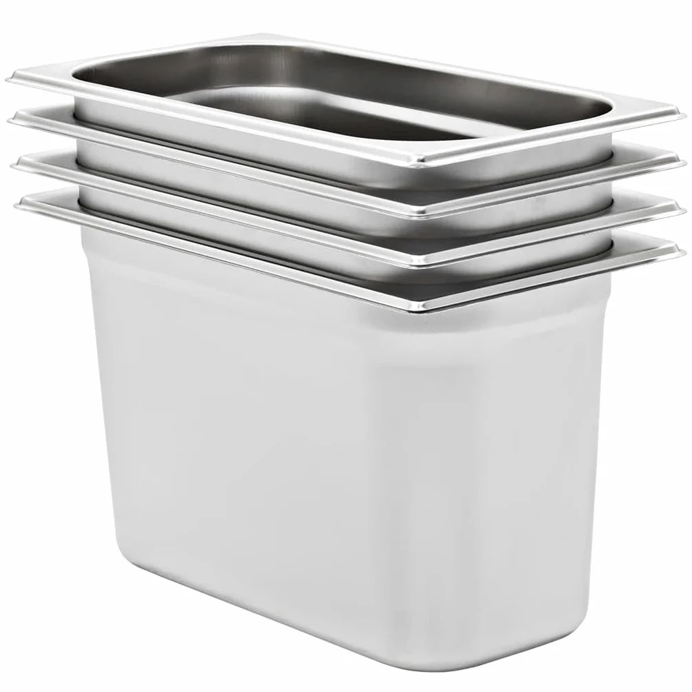 Gastronormbehälter 4 Stk GN 1/3 200 mm Edelstahl 7,8 L Volumen stapelbar für Gastronomie, Buffet, Warmhaltetheke, Bainmarie, Chafingdish, Kantine, Küche, Speisewärmer Einsatz