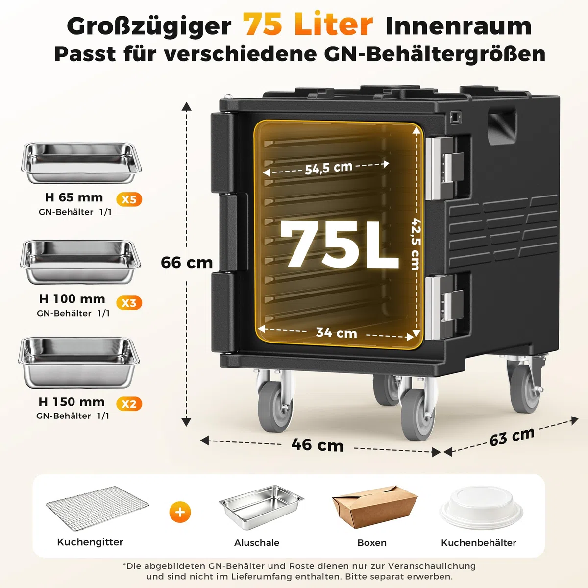 75L Thermobox Frontlader mit Drehrollen, LLDPE Isolierte Transportbox | mit 304 Edelstahlriegel, Warmhaltebox Stapelbar für 5x GN 1/1 Behälter(Nicht), Ideal für Lieferservice und Catering