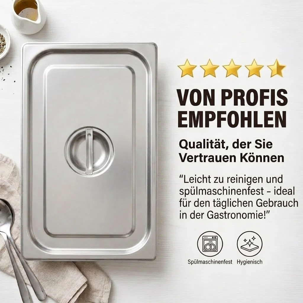 GN 1/1 Deckel Gastronormbehälter aus rostfreiem Edelstahl 530 x 325 mm | stapelbar & rostfreier GN Behälter | Gastronomie-, Event- & Catering Zubehör aus robusten 0,7 mm Stahl