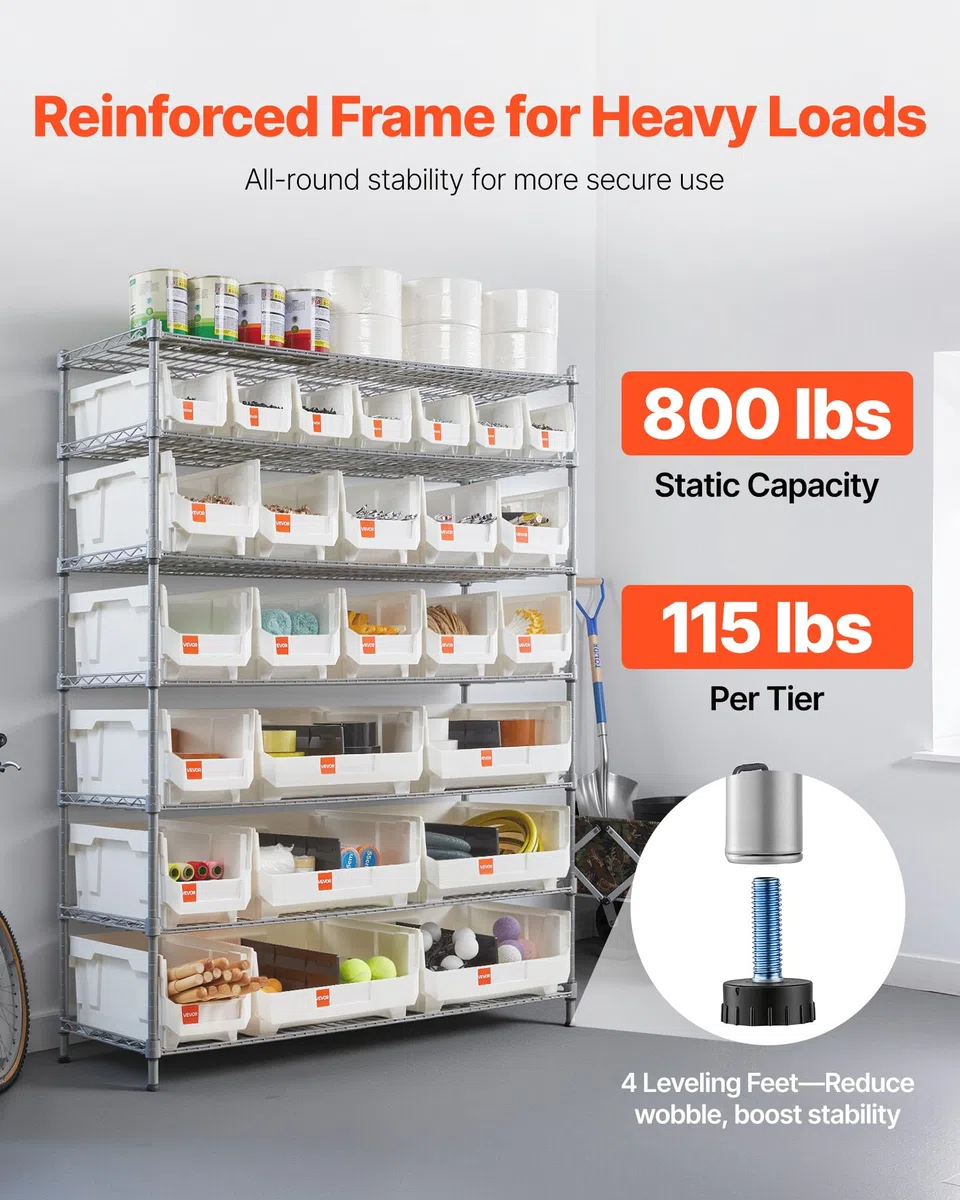 VEVOR Standregal, Lagerregal mit 7 Ebenen & 26 Stapelboxen, Bücherregal, Küchenregal mit Rollen, Fahrregal für Garage, Lager, Büro, Restaurant, Klassenzimmer, Küche, 355x1110x1480 mm